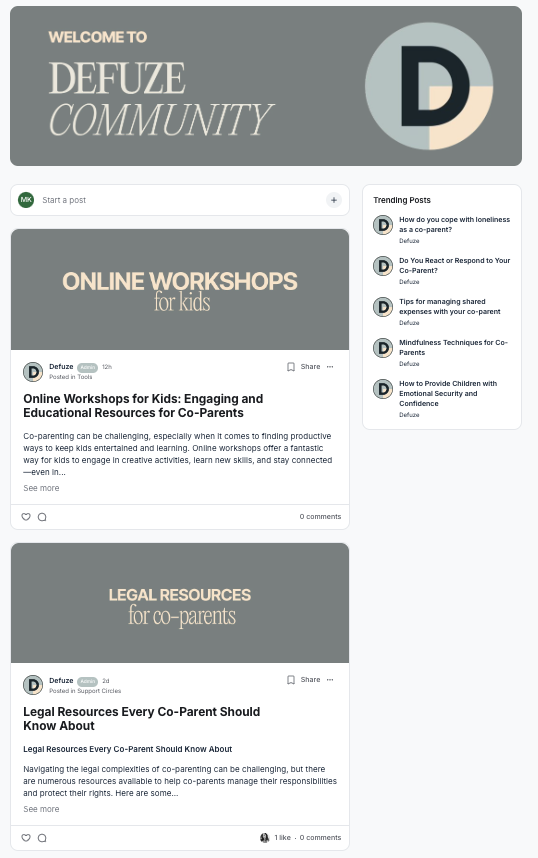 Screenshot of the DEFUZE Community platform showing discussion forums, online workshops for kids, legal resources for co-parents, and trending posts about co-parenting topics
