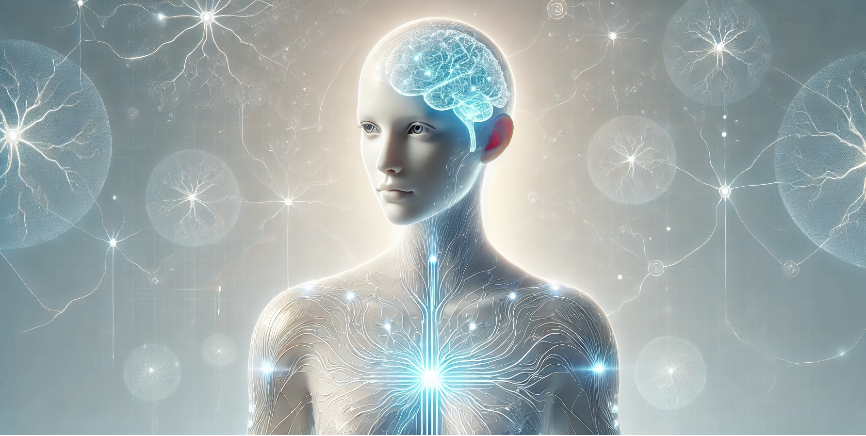 THEA AI - Futuristic representation of artificial intelligence with neural networks and emotional understanding capabilities