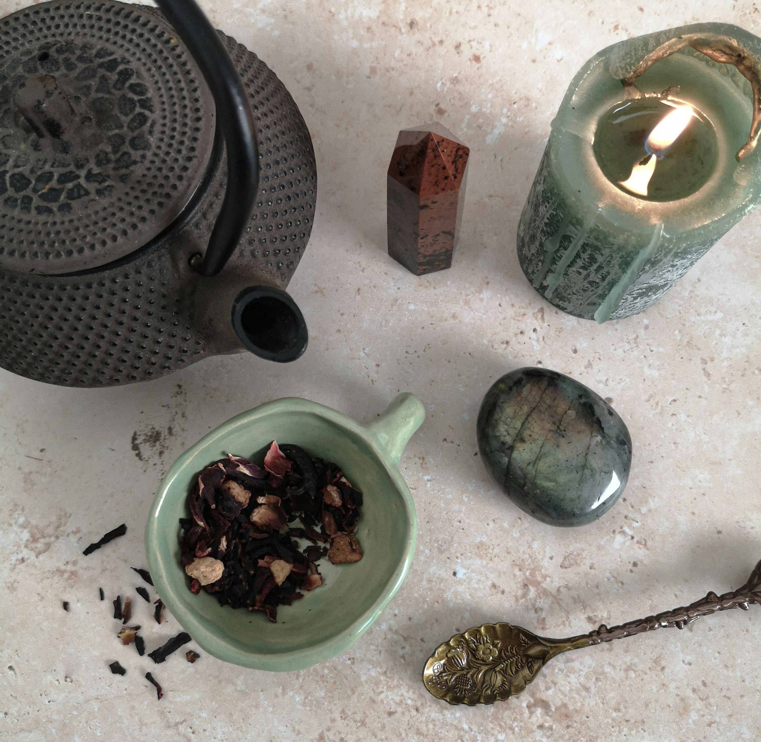 Mindful tea ceremony with traditional wellness items
